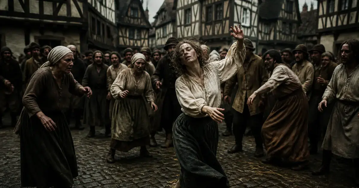 O ilustrație artistică ce înfățișează mulțimea dansând haotic în piața catedralei din Strasbourg în 1518.