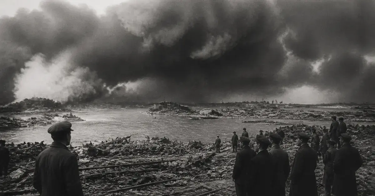 Vista histórica do porto de Halifax após a grande explosão de 1917