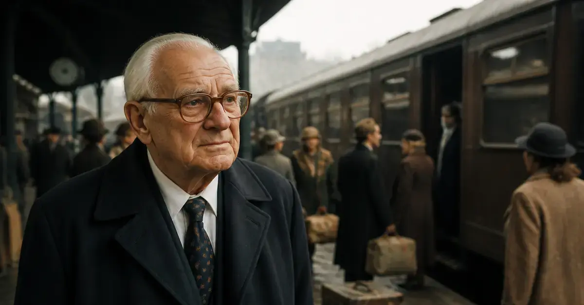 Sir Nicholas Winton în fața trenurilor salvării