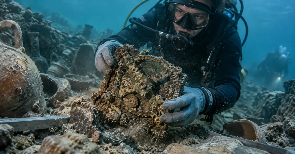 Mecanismul antic de la Antikythera cu roți dințate complexe din bronz