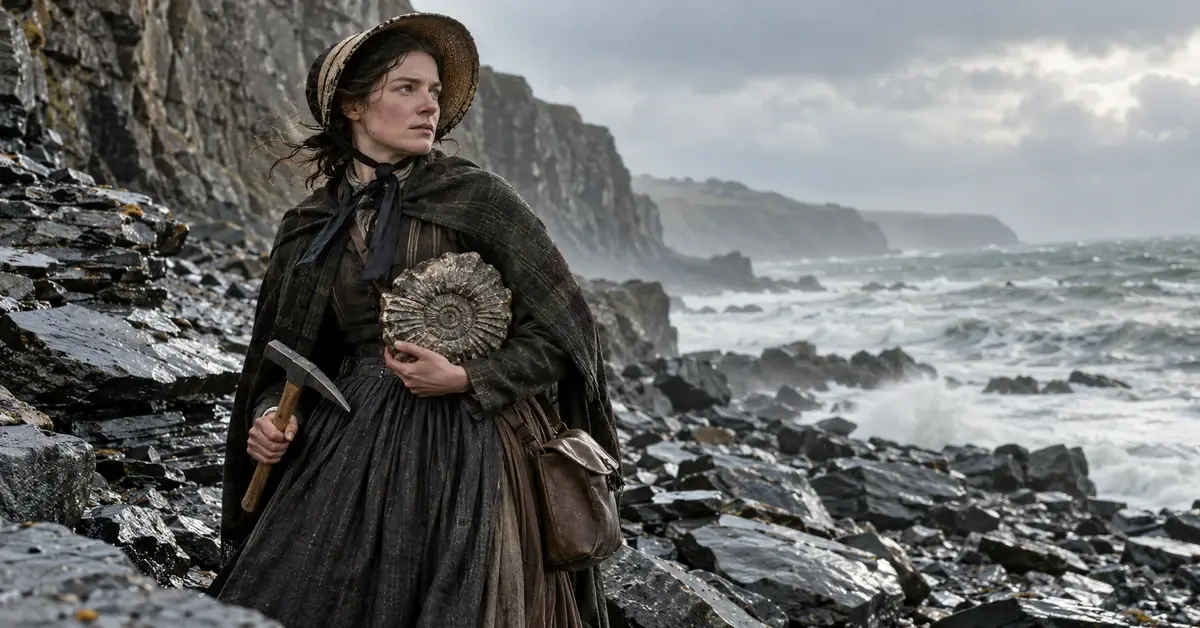 Mary Anning uncovering ancient fossils among the cliffs of the coastline