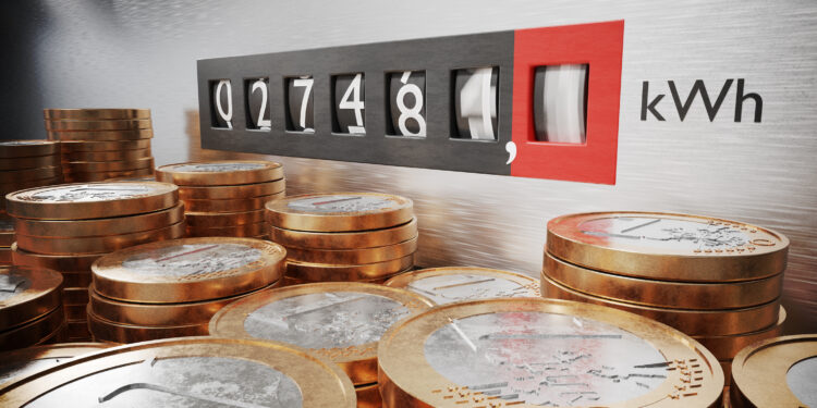 Electrometer is measuring power consumption. Coins in foreground. Expensive electricity concept. 3D rendered illustration.