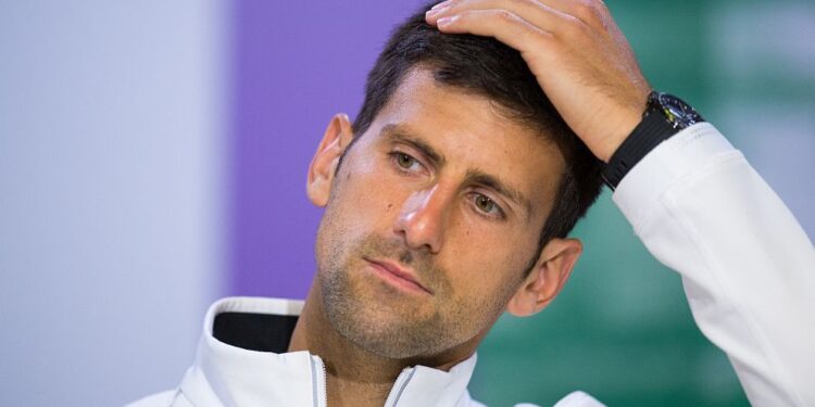 Novak Djokovic (SRB) gives a press conference immediately after his medical retirement from his match with Tomas Berdych (CZE) in the quarter final of the Gentlemen’s Singles. The Championships 2017 at The All England Lawn Tennis Club, Wimbledon. Day 9 Wednesday 12/07/2017. Credit: AELTC/Joe Toth.