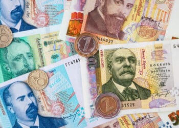 Money of Bulgaria. Bulgarian banknotes and coins background