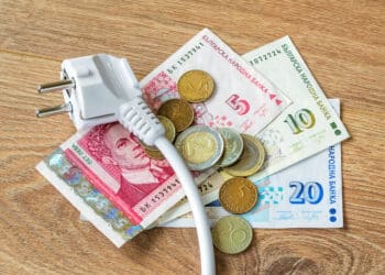 White power plug on bulgarian leva banknotes and coins over a brown wooden surface. Cost of electricity and expensive energy concepts. Top view.